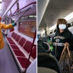 someone cleans the subway station, an airline passenger wears a medical mask