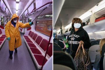 someone cleans the subway station, an airline passenger wears a medical mask