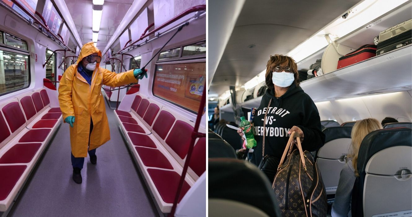 Estas são as previsões dos especialistas para o futuro das viagens 1 alguém limpa a estação de metrô, um passageiro de avião usa uma máscara médica