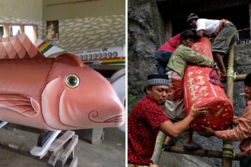 a fantasy coffin in the shape of a fish from ghana, a funeral ritual in indonesia