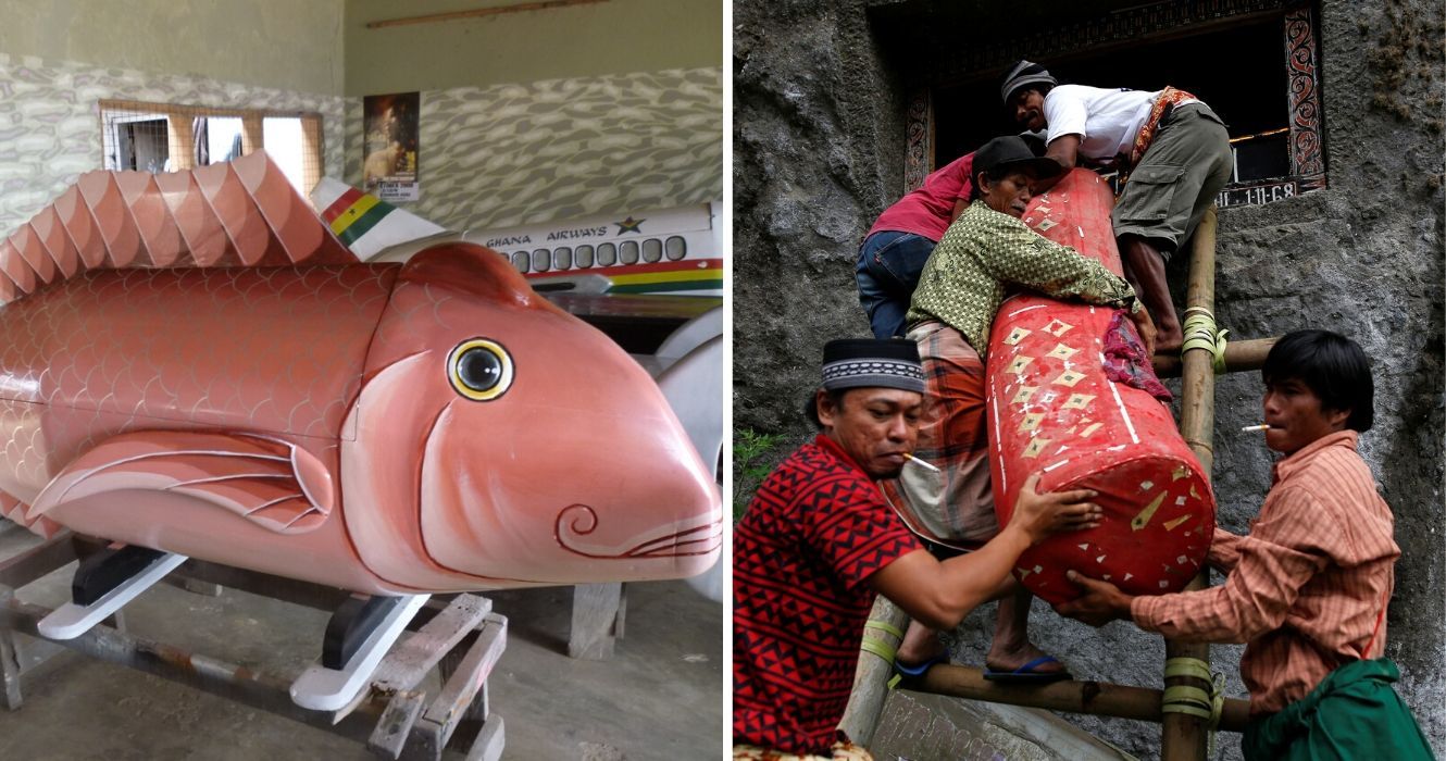 Estas são as tradições funerárias mais estranhas do mundo (ainda em prática hoje) 1 um caixão de fantasia em forma de peixe de gana, um ritual funerário na indonésia