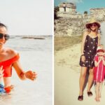 a mom goes swimming in the ocean with her baby, a family goes on vacation to mexico