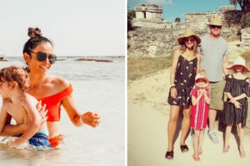 a mom goes swimming in the ocean with her baby, a family goes on vacation to mexico