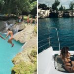 a couple cliff dives in jamaica, two girls go out on a boat