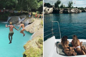 a couple cliff dives in jamaica, two girls go out on a boat