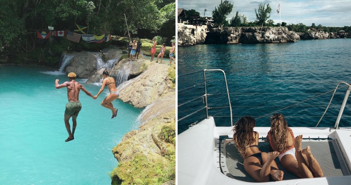 um casal mergulha em um penhasco na jamaica, duas garotas saem em um barco