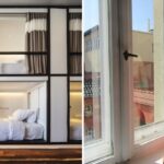 a nice hostel in europe, a girl takes a photo near a window in berlin