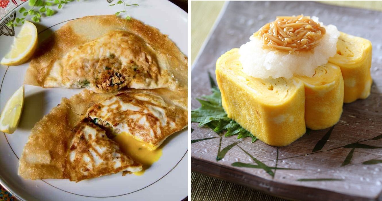 Estes pratos de todo o mundo são ovo-células 1 um ovo brik da tunísia, um prato de tamagoyaki
