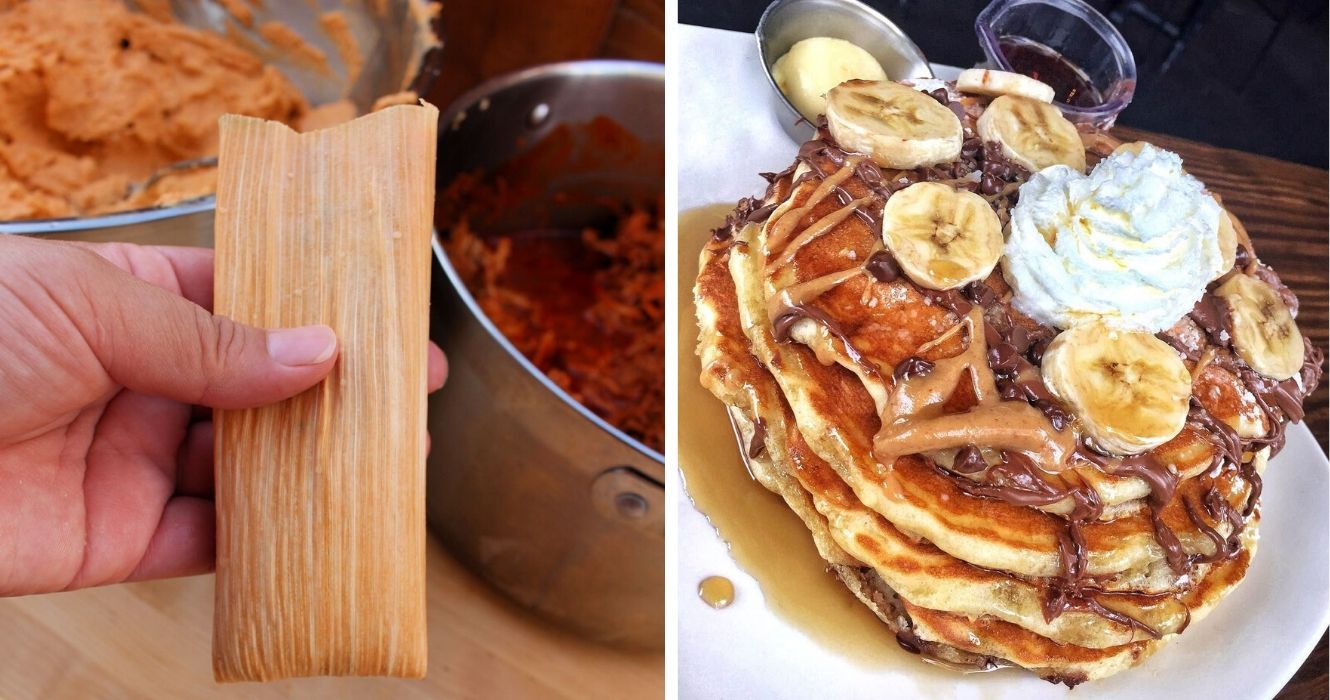 Estes pratos internacionais populares têm, na verdade, milhares de anos 1 fazendo tamales, uma pilha de panquecas carregadas