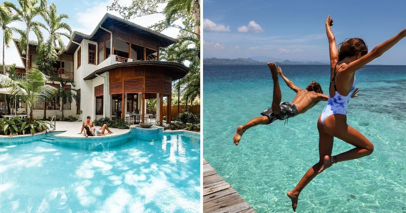 um casal senta-se à beira da piscina de um resort na jamaica, duas crianças pulam do cais no oceano durante as férias