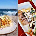 a plate of tacos on the beach, a sushi plate at a resort