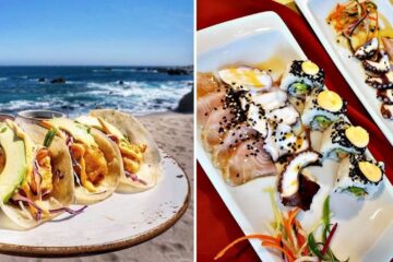 a plate of tacos on the beach, a sushi plate at a resort