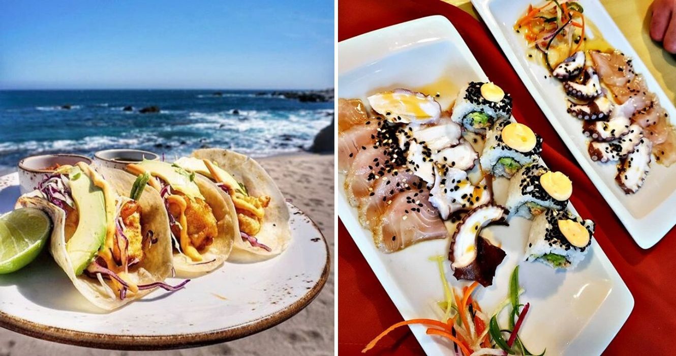 um prato de tacos na praia, um prato de sushi em um resort