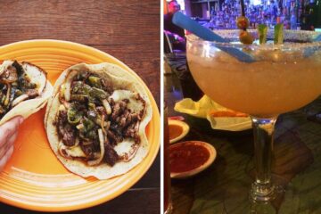 a plate of tacos from matt's el rancho, a margarita from Casa Chapala in austin, texas
