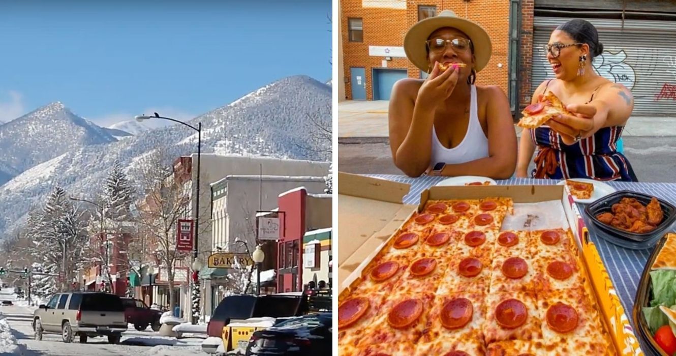 Estes são os destinos americanos mais subestimados 1 rua principal em buena vista, colorado, duas garotas comendo na pizza ledo em ellicott city, maryland