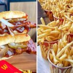 a mcdonalds mcrib sandwich, fries from mcdonalds