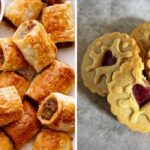 a plate of sausage rolls, homemade jammie dodger cookies