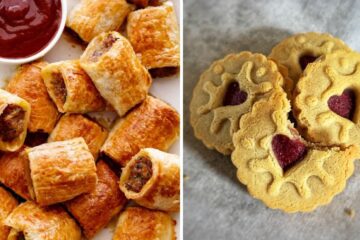 a plate of sausage rolls, homemade jammie dodger cookies