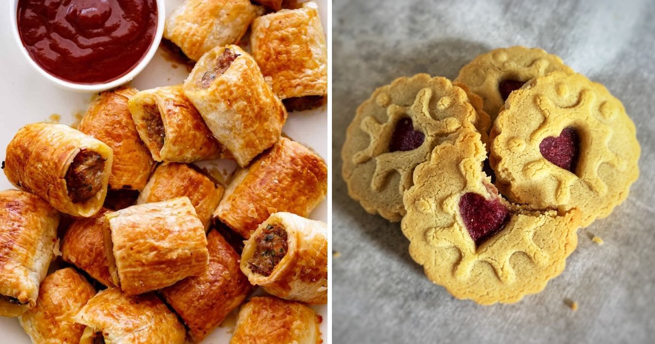 Estes são os lanches mais populares na Inglaterra 1 um prato de rolinhos de salsicha, biscoitos jammie dodger caseiros