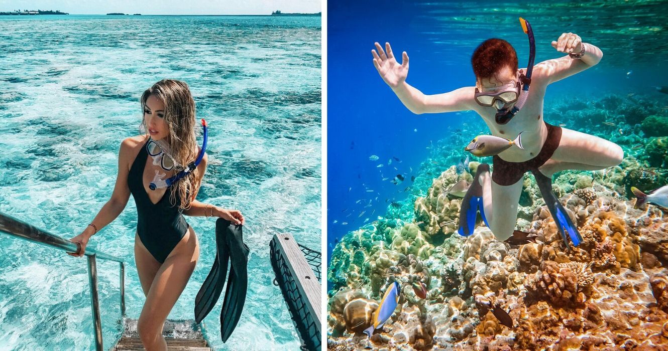 Estes são os locais de mergulho com snorkel mais bem avaliados no Caribe (no Trip Advisor) 1 uma mulher sobe as escadas do barco depois de mergulhar, um homem mergulha perto de corais e observa peixes tropicais
