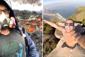 a man takes a selfie near an active volcano, a man takes a dangerous selfie in brazil
