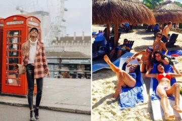 a girl takes a photo in london, a group of friends goes to the beach in mexico