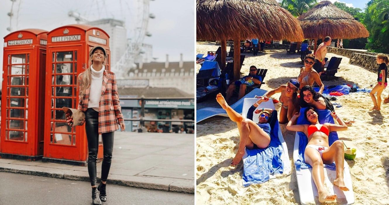 Estes são os lugares mais populares para os americanos viajarem 1 uma garota tira uma foto em londres, um grupo de amigos vai à praia no méxico