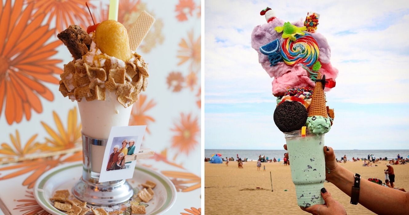 Estes são os milkshakes mais loucos e exagerados que você pode encontrar nos EUA 1 milk-shake the golden girls da vicky's house, um milk-shake coney waffle