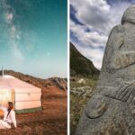 a girl stands outside a ger in mongolia, an ancient mongolian statue