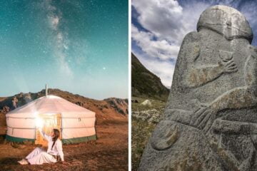a girl stands outside a ger in mongolia, an ancient mongolian statue
