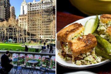 a nice day in bryant park, nyc, food from b&h dairy in nyc