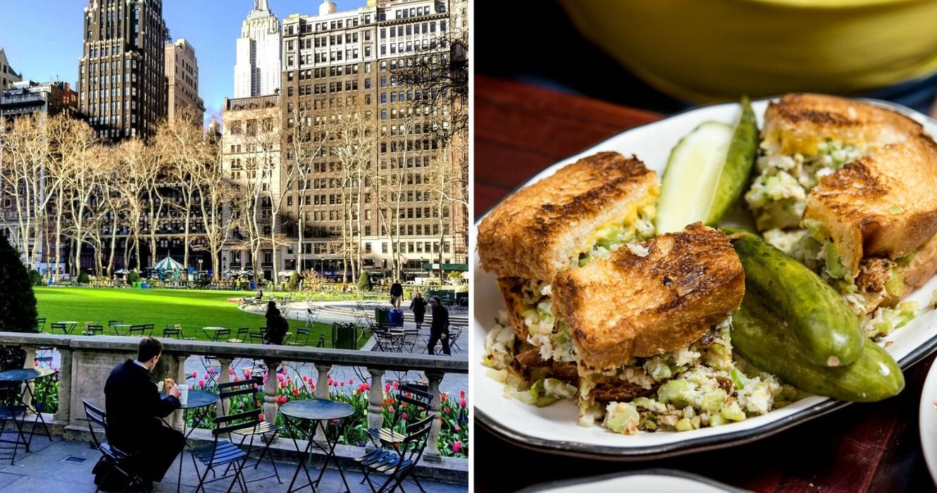 NYC é mais do que o Empire State Building e o Central Park 1 um bom dia em Bryant Park, Nova York, comida da B&H Dairy em Nova York