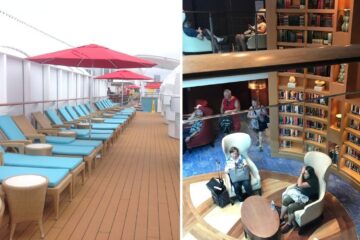 a private deck on a cruise ship, a cruise ship's library