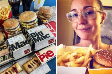 a full array of mcdonalds meals, a woman takes a selfie with mcdonalds food