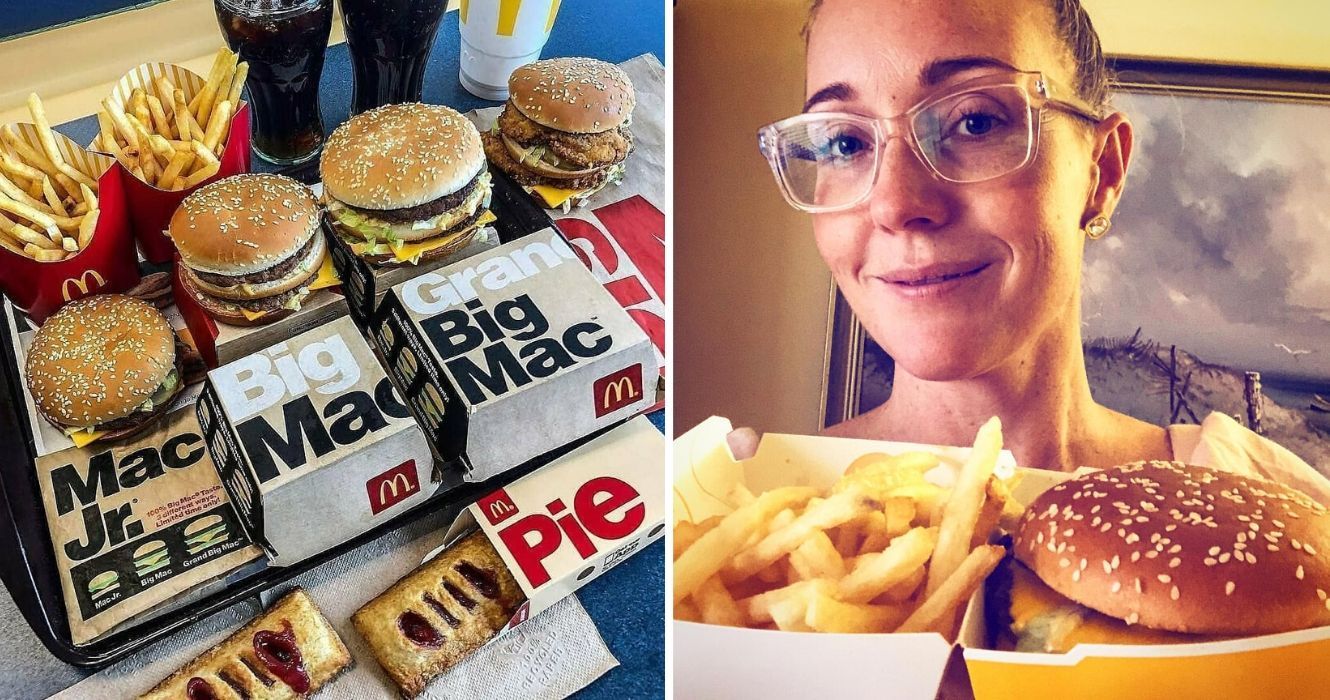 O McDonald's não existe nesses países 1 uma variedade completa de refeições do mcdonalds, uma mulher tira uma selfie com comida do mcdonalds