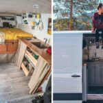 the inside of an rv, a girl sits on top of a motorhome