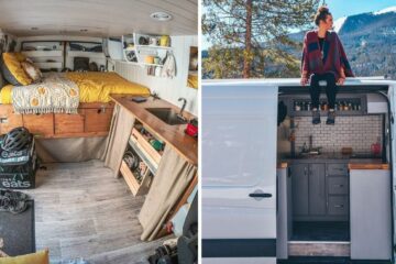 the inside of an rv, a girl sits on top of a motorhome