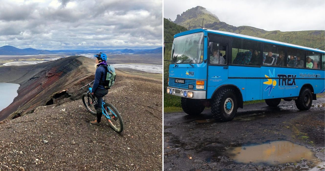 uma pessoa pedala até as falésias na islândia, um trex bus tour