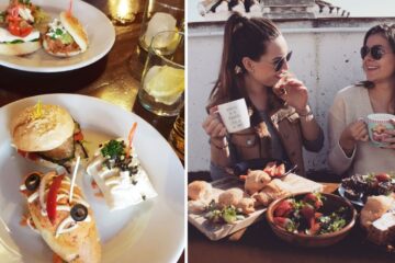 a plate of tapas from spain, two friends talk over lunch