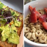 a plate of avocado toast, a bowl of cheerios with strawberries