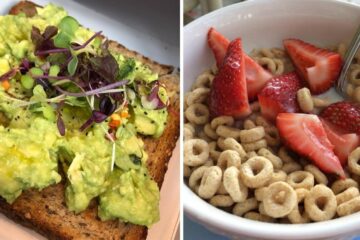 a plate of avocado toast, a bowl of cheerios with strawberries