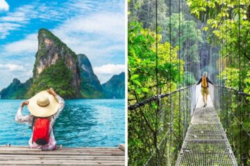 a woman on a boat in thailand, a tourist walks through a rainforest