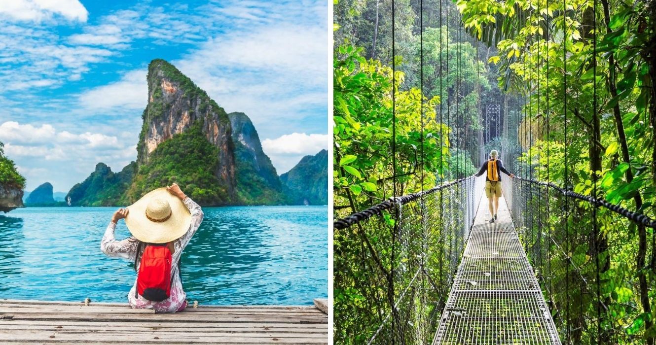 O que é "Turismo de Natureza" E vale a pena reservar um Vacay? 1 uma mulher em um barco na tailândia, um turista caminha por uma floresta tropical