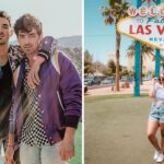 the jonas brothers promo shot, a girl takes a photo in front of the las vegas sign