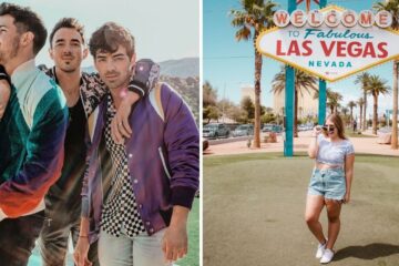 the jonas brothers promo shot, a girl takes a photo in front of the las vegas sign