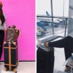 a girl takes a photo against a hot pink background before boarding a plane, a girl drinks coffee before her flight