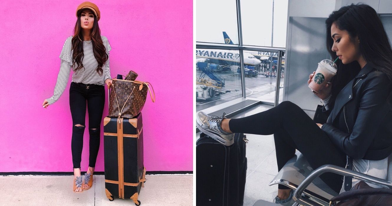 uma garota tira uma foto contra um fundo rosa choque antes de embarcar em um avião, uma garota bebe café antes de seu voo