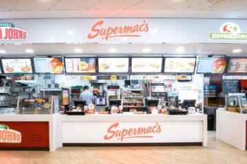 a mall food court with supermacs, papa johns, and super subs