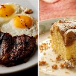 steak and eggs and a slice of coffee cake