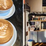 latte art on coffee, the inside of a coffeeshop